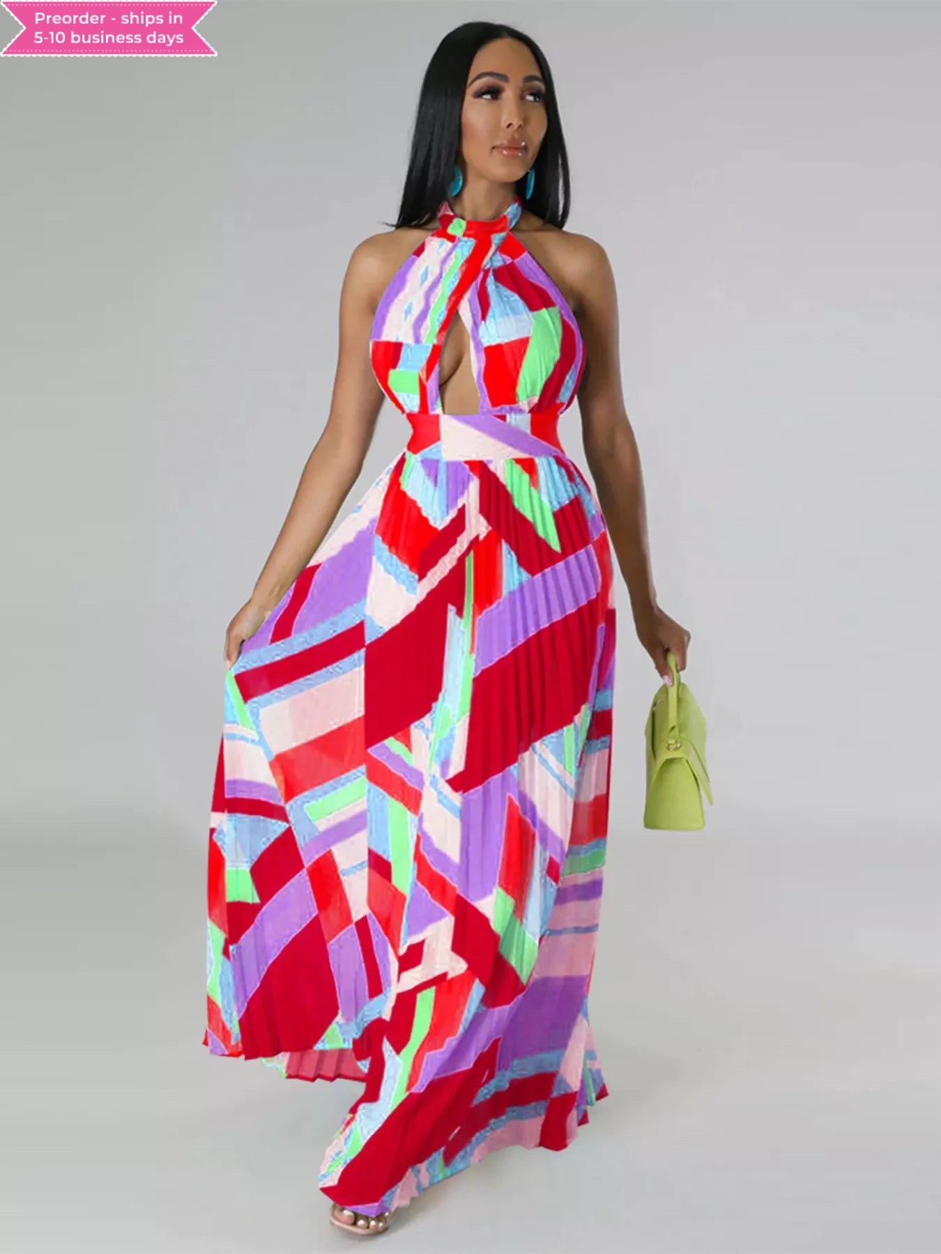 Halter Neck Geometric Print Pleated Maxi Dress