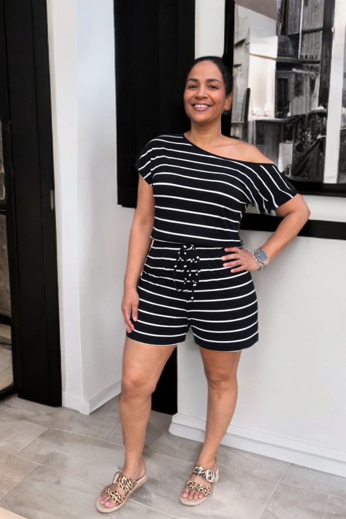Striped Short Sleeve Drawstring Waist Romper