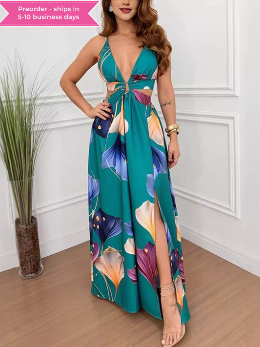 Tropical Print Plunge Cutout Slit Maxi Dress