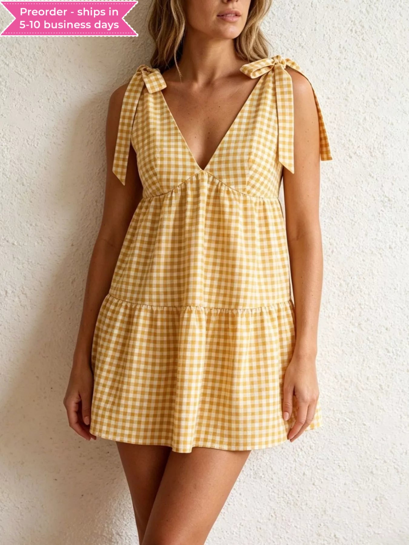Gingham Tie-Shoulder Mini Dress