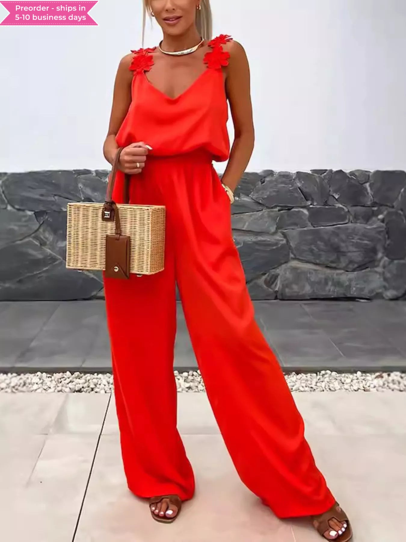 Floral Applique V-Neck Wide Leg Jumpsuit