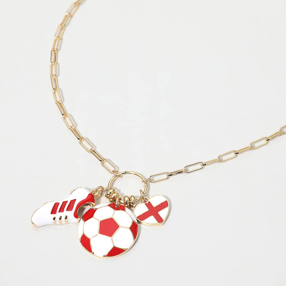 England Soccer Ball Shoe Heart Charm Toggle Pendant Paperclip Chain Necklace